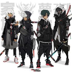 three anime characters are standing in front of each other with swords and armor on their shoulders