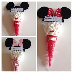 three pictures of minnie mouse ears with bows on them and some candy in the shape of a cone