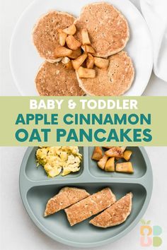 baby and toddler apple cinnamon oat pancakes on a plate with the words, baby & toddler apple cinnamon oat pancakes