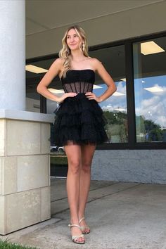 Strapless Black Sequins Multi-Layers Short Homecoming Dress Black Mini Dress With Sheer Bodice, Tulle Corset For Prom Party, Black Tulle Mini Dress For Prom Season, Strapless Tulle Mini Dress For Prom, Strapless Tulle Mini Dress For Prom Season, Homecoming Tulle Mini Dress With Corset Back, Strapless Tulle Corset Dress For Homecoming, Black Corset Dress With Sheer Bodice For Prom, Black Strapless Tulle Corset Dress