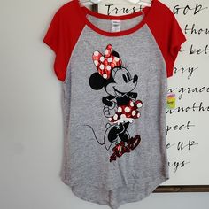 New Minie Mouse Disney Shirt Playful Minnie Mouse Crew Neck Top, Playful Minnie Mouse Short Sleeve Top, Minnie Mouse Crew Neck Top, Red Minnie Mouse Short Sleeve Top, Fun Cotton Minnie Mouse Top, Casual Minnie Mouse Short Sleeve Shirt, Red Short Sleeve Top With Minnie Mouse, Casual Short Sleeve Shirt With Minnie Mouse, Cute Minnie Mouse Crew Neck Shirt