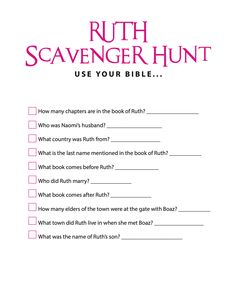 FREE Ruth Bible Scavenger Hunt - Children's Ministry Deals Bible Scavenger Hunt, Youth Bible Lessons, Ruth Bible, The Book Of Ruth, Sunday School Printables, Bible Study Activities, Youth Bible Study, Book Of Ruth, Childrens Ministry Curriculum