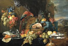 a still life with fruit, nuts and other things on display in front of a painting