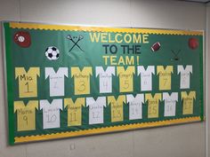 a green and yellow welcome to the team bulletin board