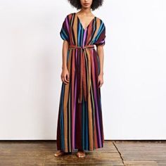 Condition: Excellent, Worn Only A Few Times! Fabric: A Blue-Black Lightweight Singlecloth With Multicolored Variegated Satin Stripes. 100% Cotton Style: Maxi Dress With V-Neck, Cap Sleeves, Elastic Waist With Tie, Pockets And Colorful Stripe (From Spring '18) True To Size Ribbon Candy, Ace And Jig, Style Maxi Dress, Cotton Style, Cap Sleeves, Blue Black, Elastic Waist, Black And Red, Ribbon