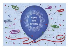 Happy 42nd Birthday with blue balloon and puzzle grid card Happy 91st Birthday, Happy 89th Birthday, Happy 77th Birthday, Happy 52 Birthday, Happy 69th Birthday