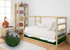 a bedroom with a bed, bookcase and stuffed animal on the floor next to it