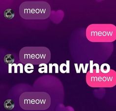 the text me and who meow is written in white letters on a purple background