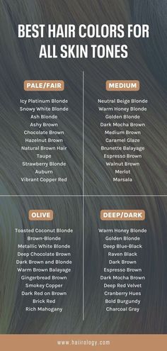 Looking for the perfect hair color that will make your skin tone glow? My comprehensive guide has got you covered! Whether you have pale/fair, medium, olive, or deep/dark skin, I've got the best hair colors for you. From blondes to reds, brunettes to unique hair colors, this guide will help you find the perfect shade to complement your skin tone. Download my free hair color guide now and discover the perfect hair color. Hair Color For Different Skin Tones, Hair Color Fair Skin Brown Eyes, Hair Colour Fair Skin, Balayage Hair For Fair Skin, Dye For Dark Skin Women, Hair Color For Fair Olive Skin Tone, Pale Cool Skin Tone Best Hair Color, Balayage For Medium Skin Tone, Burgundy Hair On Pale Skin