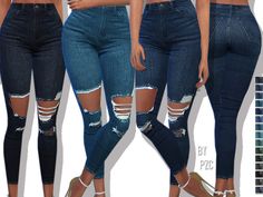 three different images of the same woman wearing ripped jeans and high waisted pants with holes