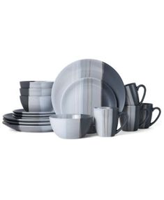 a stack of gray and white plates, cups and saucers with black rims