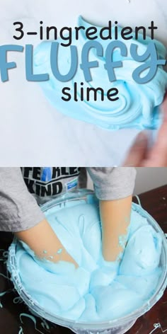 a person is spreading blue icing on a cake with the words 3 - ingredient fluffy slime