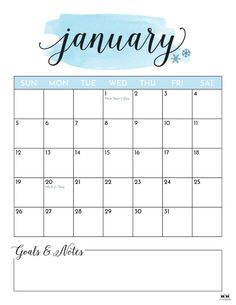 the january calendar with watercolor lettering