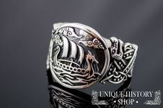 * Viking Longship Ring with Wolf Ornament * ★ SIZE and WEIGHT ★ This ring can be made almost in any size you need, just check options. Weight - 9-10 grams approximately This ring (and all our other jewelry) we make to order only, so it means that you will receive the item, which will be made especially for you! This ring made of 925 silver with dark grey (or light black) patina. If you need it without patina - just silver - please send me a direct request. This ring comes with a beautiful brande Handmade Viking Style Ring As Gift, Handmade Viking Ring As A Gift, Handmade Viking Style Ring For Gift, Handmade Viking Style Ring Jewelry, Viking Style Adjustable Jewelry Ring, Adjustable Viking Style Ring Jewelry, Adjustable Viking Ring Jewelry, Adjustable Viking Jewelry Ring, Scandinavian Symbols