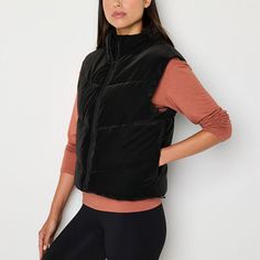 Layer up in style with this Xersion women's heavyweight black puffer vest featuring a quilted design, a high collar, and a front-zip closure. Made from durable fabric with a subtle sheen, it also has side slip pockets and a slightly cropped cut that's right on trend. Closure Type: ZipperPockets: 2 Side Slip PocketsWarmth Factor: HeavyweightApparel Length: 25.5 InchesOuterwear Length: ShortFiber Content: 100% PolyesterFilling Content: 100% PolyesterLining: LinedLining Material: PolyesterCare: Tu… Black Puffer Vest, Puffer Vest, High Collar, Cold Weather, Puffer, Collar, Fabric, Black, Color