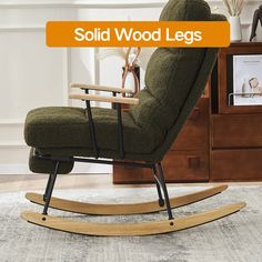 a rocking chair with the words solid wood legs on it in front of a bookcase