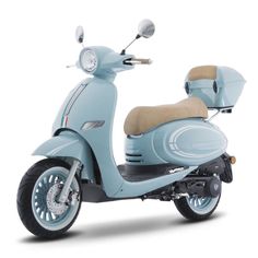 a light blue scooter is shown on a white background with the seat up