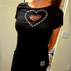 Je Brand New Stretchy T-Shirt With Crystals And Lace Detaining. Never Worned. Sorry, No Tags. Bought In European Clothes Boutique. Size M (Model Wearing It Here Is Size S ). Fitted Crew Neck Top With Heart Graphic, Short Sleeve Tops With Heart Graphic, Fitted Short Sleeve T-shirt With Heart Graphic, Fitted T-shirt With Heart Graphic, Black Short Sleeve Shirt With Heart Graphic, Black Tops With Heart Graphic And Short Sleeves, Black Short Sleeve Top With Heart Graphic, European Clothes, Clothes Boutique