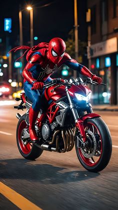 a spider man riding on the back of a red motorcycle in the city at night