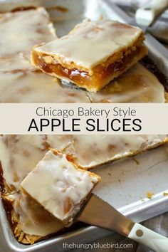 chicago bakery style apple slices with icing on top in a baking pan, ready to be eaten