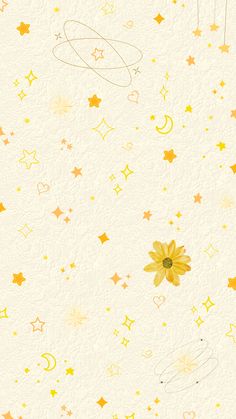 a yellow flower and stars on a white background