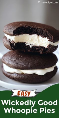 two chocolate cookies with ice cream on top and the words, easy wickedy good whoopie pies