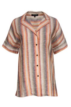 Current Boutique-Lafayette 148 - Orange & Tan Linen Striped Button-Down Gradient Blouse Sz S Orange Tops With Button Closure For Work, Orange Collared Top With Button Closure, Orange Short Sleeve Blouse With Buttons, Orange Collared Top With Buttons, Linen Boxy Top, Tan Blouse, Boxy Top, Bermuda Shorts, Shirts Tops