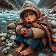 a little boy sitting on the ground with his feet crossed and wearing a blanket over his head