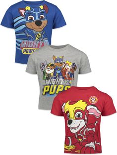 PRICES MAY VARY. Paw Patrol Mighty Pups pack of 3 shirts feauring Chase, Marshall, Skye, Rubble, Rocky, Zuma and Everest Pull on closure; Rib knit crew neck collar; Awesome screen print design; Soft and breathable material; Brightly colored assortment Youth fashion tees with cool character designs your child will love to wear; made from soft clothing material that is safe on children's skin Durable and long-lasting graphic tshirts with a comfortable fit and an easy to dress design making these s Paw Patrol Chase, Paw Patrol Characters, Soft Clothing, Chase Paw Patrol, Boy Activewear, Back To School Fashion, Paw Patrol Nickelodeon, Kids Clothes Boys, Screen Printing Designs