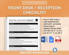 the front desk / reception checklist is shown with an orange background and white text