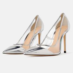 Zara Silver Vinyl High-Heel With Combination Of Materials On The Upper With Transparent Vinyl Detail, Lined Stiletto Heel, Pointed Toe. Size 38 New With Tags Chic Silver Court Shoes For Spring, Chic Silver Zara Heels, Zara Silver High Heels, Elegant Silver Court Shoes For Spring, Silver Court Shoes With 4-inch Heel For Spring, Spring Silver Court Shoes With 4-inch Heel, Elegant Zara Heels For Cocktail, Silver Pointed Toe Court Shoes For Spring, Elegant Silver Court Shoes For Office