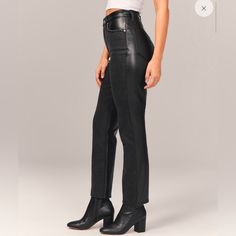 Half Denim, Half Leather!!! So Cute!!!! New With Tags High Rise Leather Jeans For Fall, Chic Leather Jeans For Spring, Chic Spring Leather Jeans, Fitted Leather Jeans For Fall, Chic Black Leather Jeans, Chic Black Fall Jeans, Black Coated Jeans, Fabric Pants, High Rise Straight Jeans