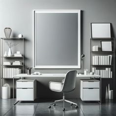 an office with a chair, desk and bookshelf