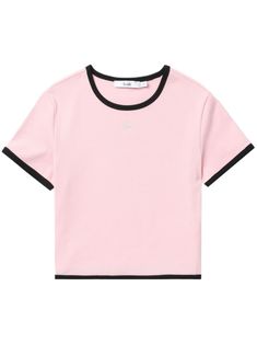 pink stretch-cotton rhinestone embellishment contrasting trim round neck short sleeves straight hem Contrasting Trim, Girl Shirt, Jersey Shirt, Contrast Trim, Stretch Cotton, Top Brands, Round Neck, Short Sleeves, Top Outfits