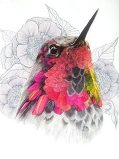 a drawing of a colorful bird with feathers on it's head and flowers in the background