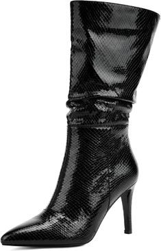 These Snakeskin Metallic Stiletto Heel Mid Calf Boots are the perfect addition to any wardrobe. Crafted from black snakeskin leather, these boots have a metallic stiletto heel and high mid-calf shaft for an edgy, fashionable look. Add some style to your wardrobe today. Snakeskin-Microfiber Rubber sole If you have thick calf, please order a half size up or a size. The heel height of the Sparkly metallic boots is 9cm/ 3.5", And the classic stiletto heels and sexy pointed toes keep fashion elements Elegant Heeled Boots With Snake Print And Pointed Toe, Elegant Snake Print Heeled Boots With Pointed Toe, Elegant Snake Print Boots For Party, Party Ankle Boots With Snake Print, Party Snake Print Ankle Boots, Snake Print Party Boots, Elegant Leather Snake Print Boots, Thick Calves, Metallic Boots