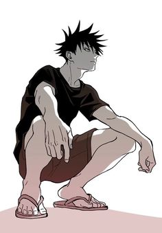 an anime character kneeling down with his foot on the ground