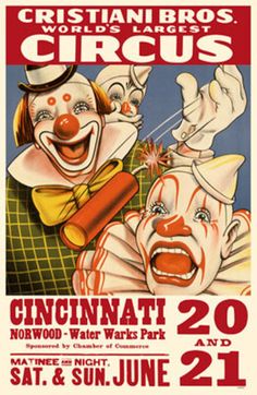 an old circus poster with two clowns on the front and one clown in the back