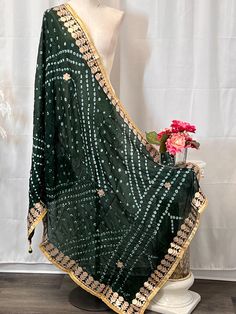 Bandhani silk dupatta indian dupattas handmade item Bandhani Dupatta, Silk Dupatta, Scarf Wrap, Dark Green, Scarf Accessory, Art Collection, Bathing Beauties, Silk, Purses And Bags