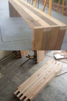 a wooden bench sitting on top of a cement floor