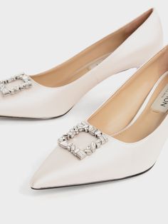 Cream Wedding Collection: Satin Gem-Embellished Pumps - CHARLES & KEITH UK Vintage Kitten Heels, Vintage Kitten, Food Courts, Kids Belt, Cream Wedding, Ivory Dress, Bridal Parties