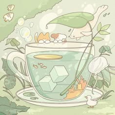 a cup filled with water and lots of animals in it's drink glass next to some plants