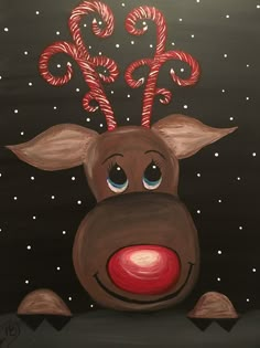 a painting of a reindeer with candy canes on its nose