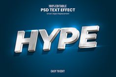 the word hype is made up of shiny metal letters on a blue background