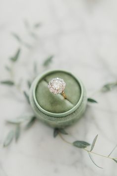 an engagement ring sitting in a velvet box on top of a marble table with greenery