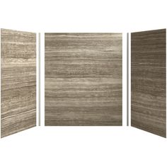 three panels with wood grain pattern on the sides and one panel closed up to reveal an image