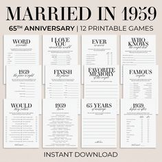 the printable wedding game is shown in black and white, with text that reads married in 1939