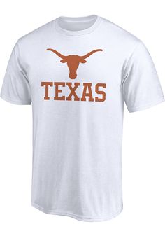 Show off your team pride in this Texas Longhorns White Team Lockup Short Sleeve T Shirt! This Texas Short Sleeve Tee features a screen print of team name across front chest. Make sure everyone knows you root for the Longhorns with this White Texas T Shirt. Hook Em Horns! Relaxed crew design, Crew neckline, Screen print team graphics, Unisex fit, Great for the house, the game, or anywhere your fandom reigns, Fit: True to Size, 100% COTTON, Machine wash, Tumble dry low, 4 White Tops With Team Logo For Fan Events, White Sports Fan T-shirt For Fan Events, White T-shirt With Team Logo For Fan Events, Texas T Shirt, Hook Em Horns, Usa Shirt, Texas Longhorns, Short Sleeve T Shirt, Team Names