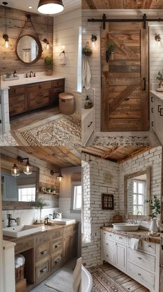 the bathroom is decorated in rustic wood and white