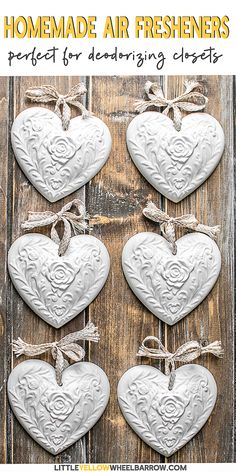 6 white heart-shaped air fresheners made from plaster of Paris. Diy Clothes Closet, Homemade Air Freshener, Diy Air Freshener, Creative Diy Gifts, Easy Craft Projects, Diy Crafts For Gifts, Easy Diy Crafts, Diy Crafts To Sell, Air Fresheners